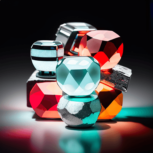 AI generated: studio photography set of five high detail regular silver stones, each with a single turquoise elect...