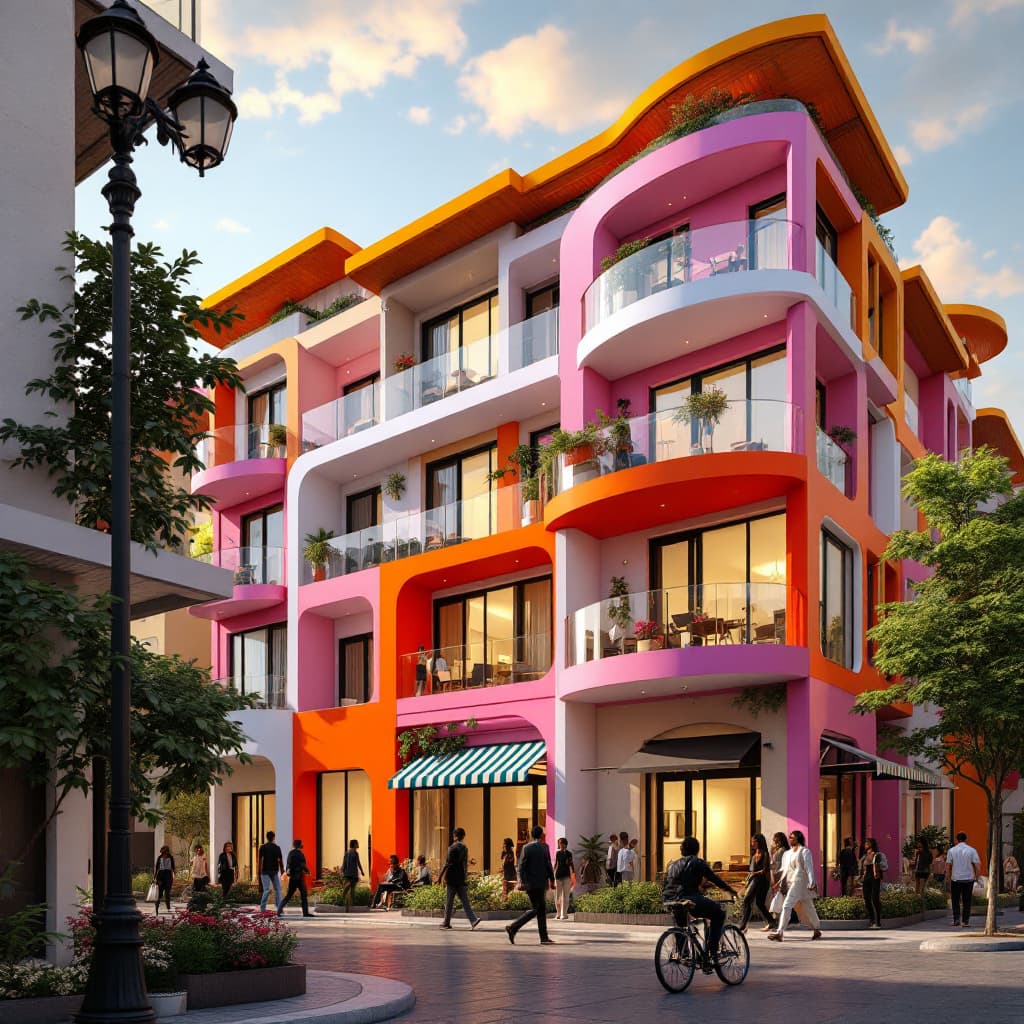 AI generated: 8k ultrarealistic, luxury award-wining apartments, 5 story, vibrant color, use 4 different colors on...