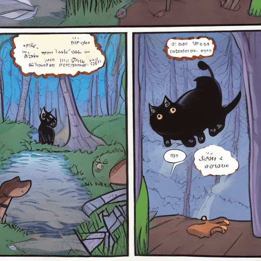 AI generated: comic book about a black cat that woke up in the forest, looks out of the tent and sees the lake