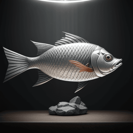 AI generated: Fish on the table with the design and character of thor The fish is gold and grey dark, no watermark...