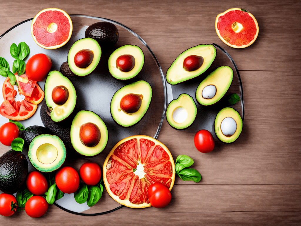 AI generated: very healthy food plate with avocados, tomatoes, eggs, greens, and other healthy food in one big dis...