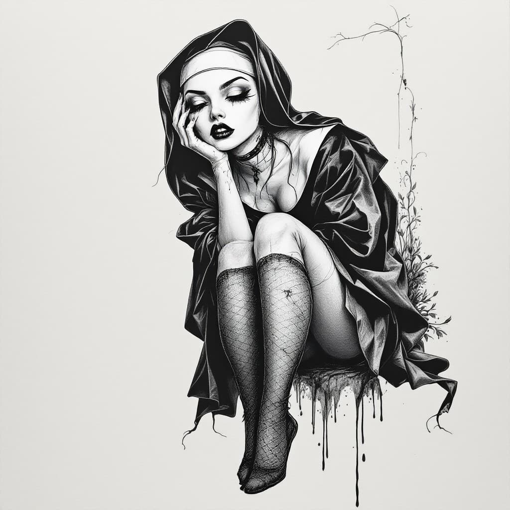 AI generated: An image of the Vampire babe nun with knee high socks on a white chalkboard, in the style of tattoo ...
