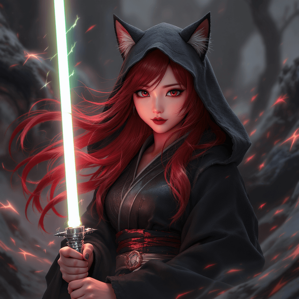 AI generated: Asian girl, Sith lord, red hair, cat ears, hyperdetailed, masterpiece, 8k, dynamic pose, immersive b...