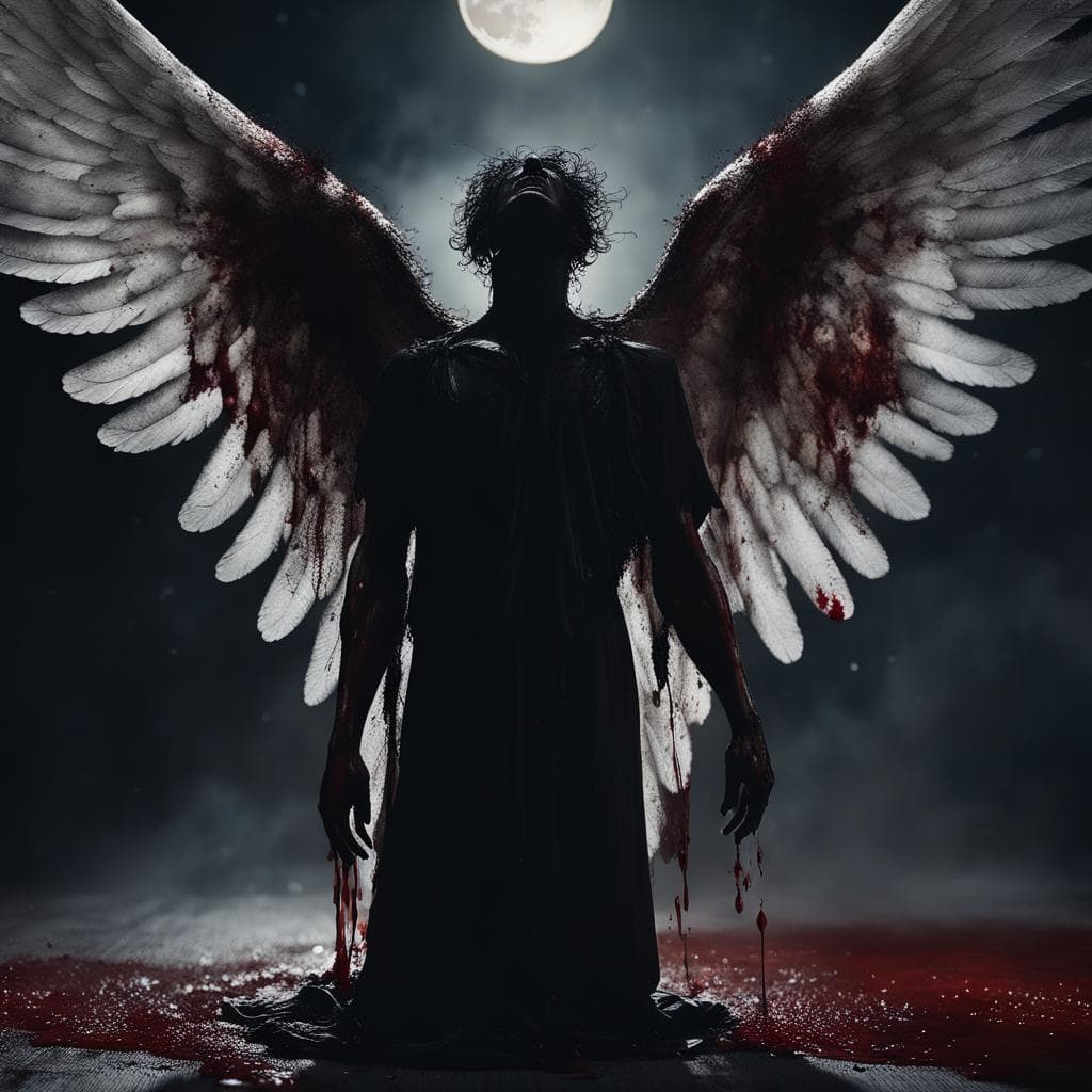 AI generated: In the moonless night, a male angel with white red splash wings, horror Halloween scene, intricate, ...