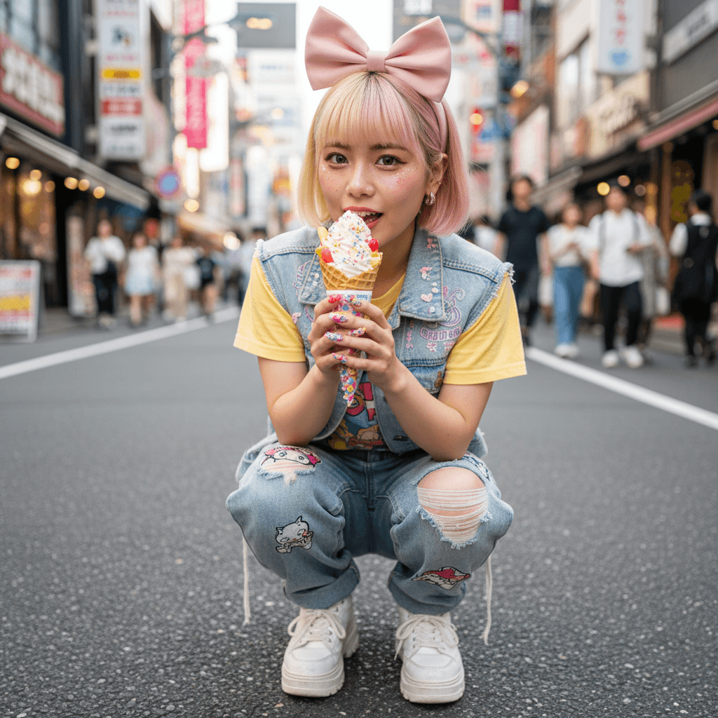AI generated: A vibrant, photorealistic, full-body street style portrait of a trendy young Japanese woman in Haraj...