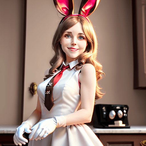 AI generated: Photo of a realistic woman, sleeveless granate dress, little tie, big realistic bunny ears , short w...
