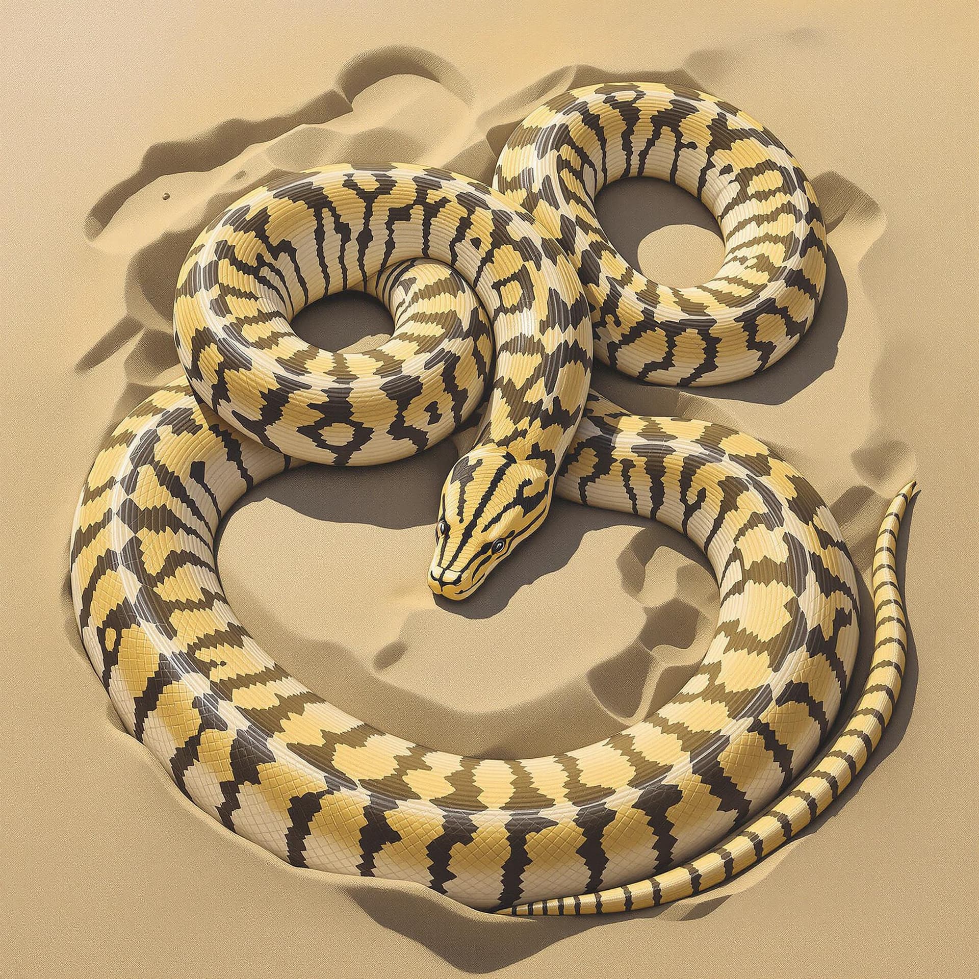 AI generated: A reticulated python has slithered itself into a perfect figure eight as it lies in the sand in this...
