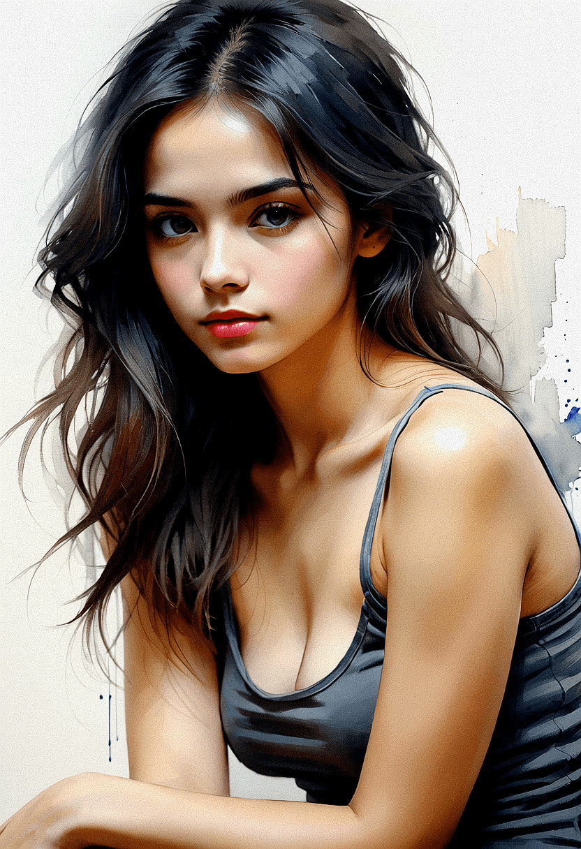 AI generated: A portrait of a poised and elegant young woman with long, dark hair and a gray shirt, looking confid...