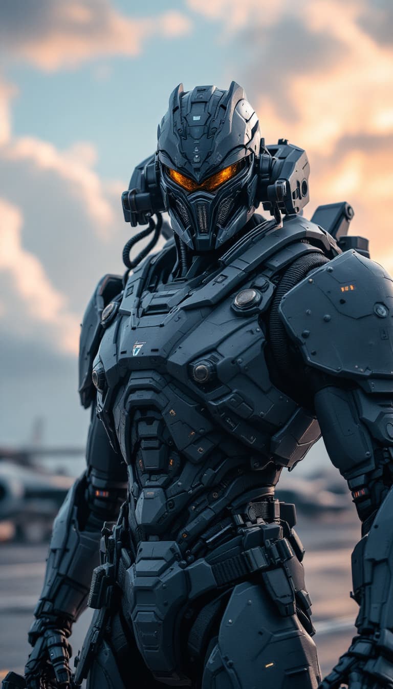 AI generated: HD 4K 3D render of a hyper-realistic male mech pilot, wearing an intricate knight helmet, standing c...