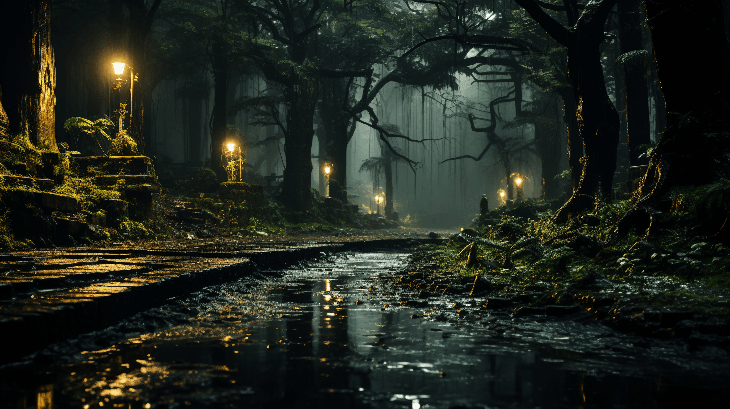 AI generated: A beautiful forest with tall trees and lush foliage, gentle rain falling on the leaves and forest fl...