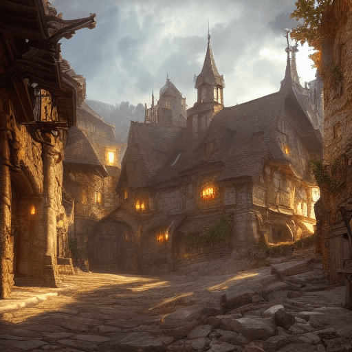 AI generated: """a beautiful dark fantasy medieval large village with several houses made of stones in a beautiful...