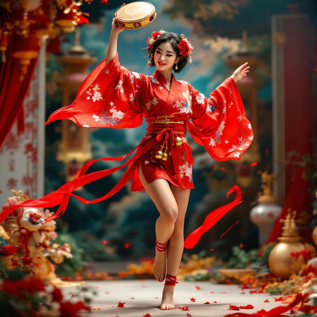 AI generated: Full body view of a beautiful corean woman, short black hair, flower in hair, Very short red flored ...