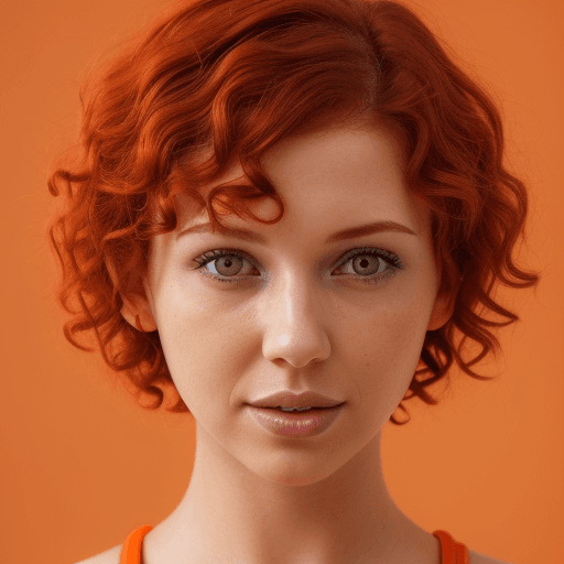 AI generated: close up photo of female with short red curly hair, realistic, orange colors background, high resolu...