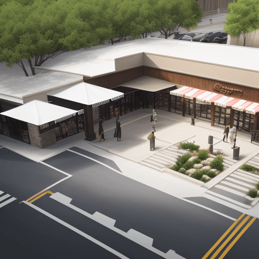 AI generated: Strip shopping center, building has stone features, wood features, white paint, restaurants, outdoor...