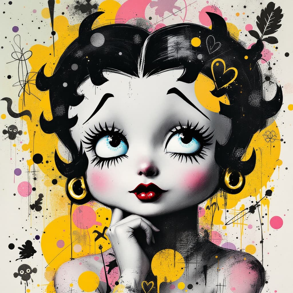AI generated: A mixed media collage featuring Betty Boop figure with expressive eyes, adorned in vibrant patterns ...
