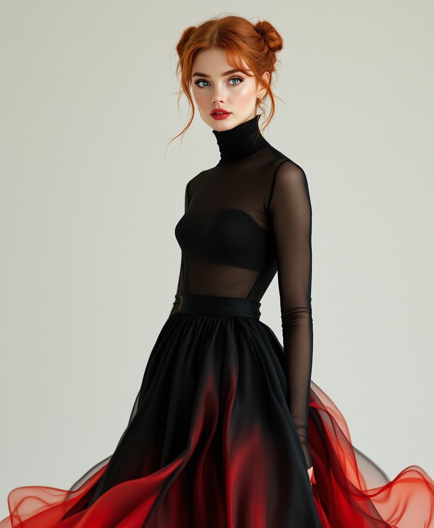 AI generated: Ultra HD full-body fashion portrait of a red-haired woman with bright blue eyes, her hair styled in ...