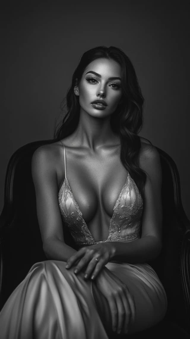 AI generated: A stunning, fair-skinned woman, appearing to be in her late 20s, is seated in a luxurious, dark-tone...