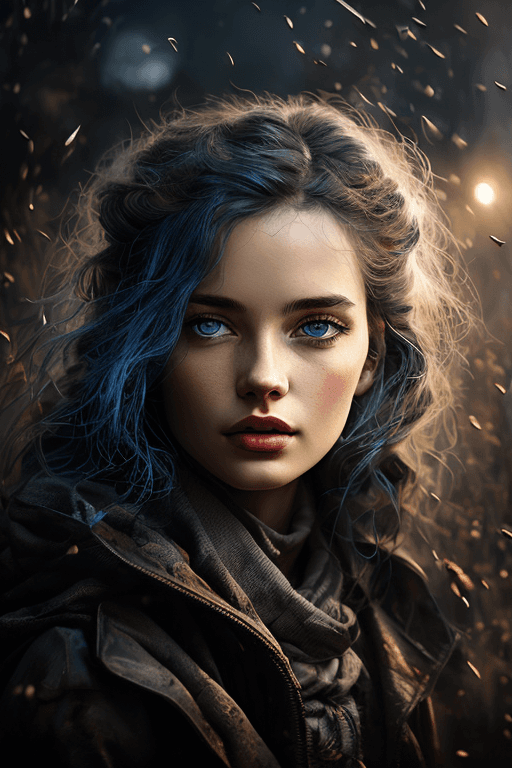 AI generated: a painting of a woman with blue eyes, in the style of dark silver and light black, characteristic co...