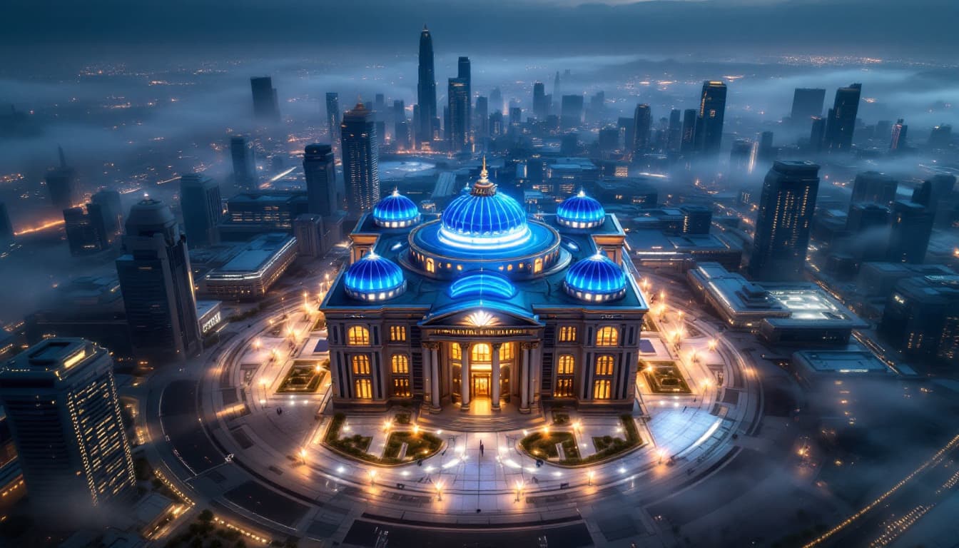AI generated: The Central bank as seen from above : this imposing building in the busy center of a futuristic city...