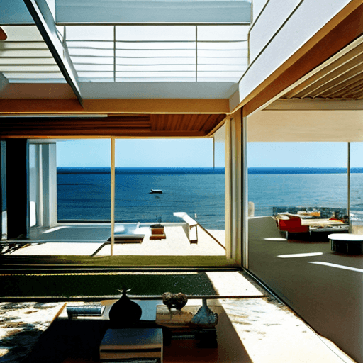 AI generated: Hyper realistic eye level exterior photo of a mid century modern style house overlooking the ocean, ...