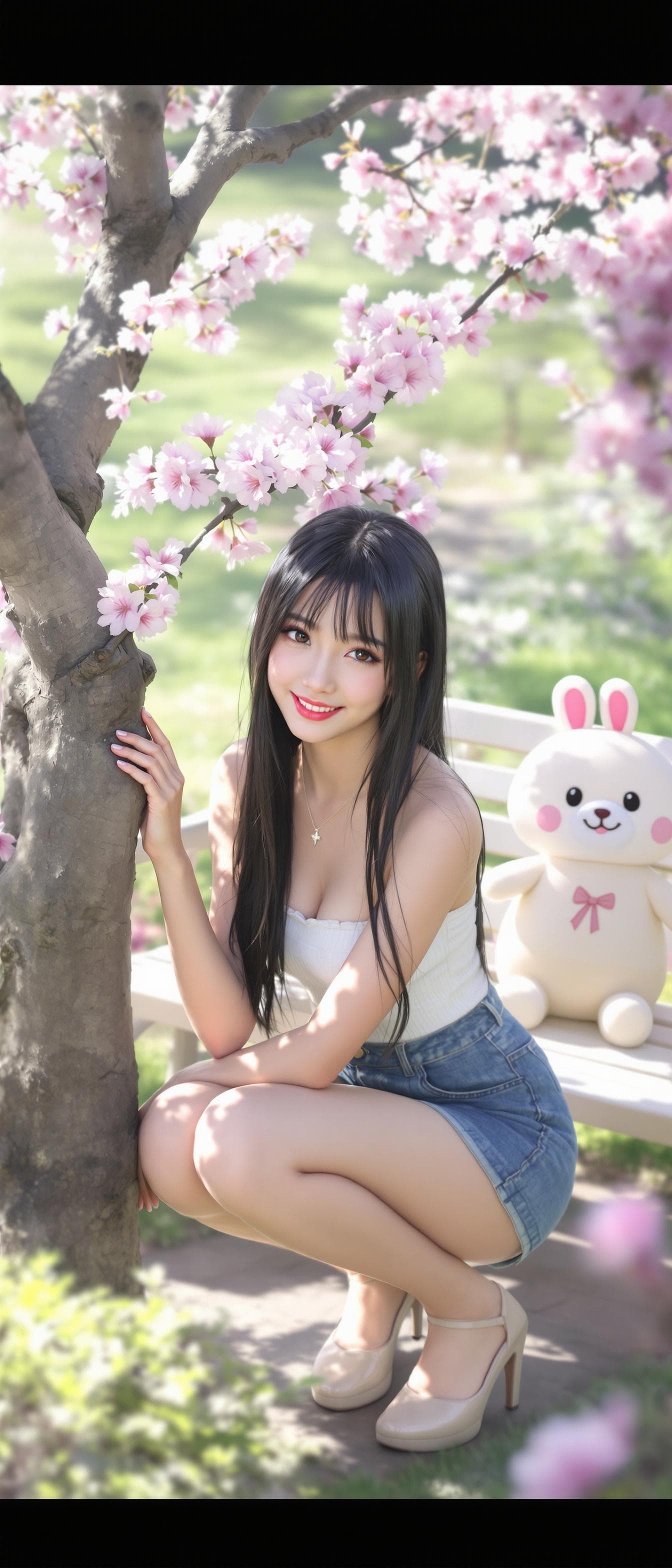 AI generated: 3D Render, full body, 1girl, outdoors, garden, cherry blossoms, squatting near the tree, shot from a...