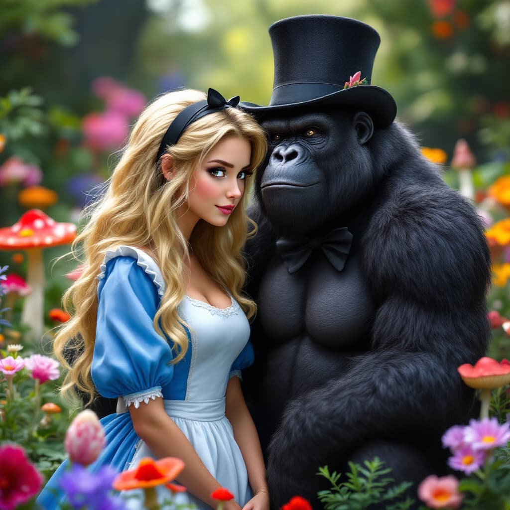 AI generated: High resolution and realistically photogenic, Alice in wonderland in her traditional blue dress and ...
