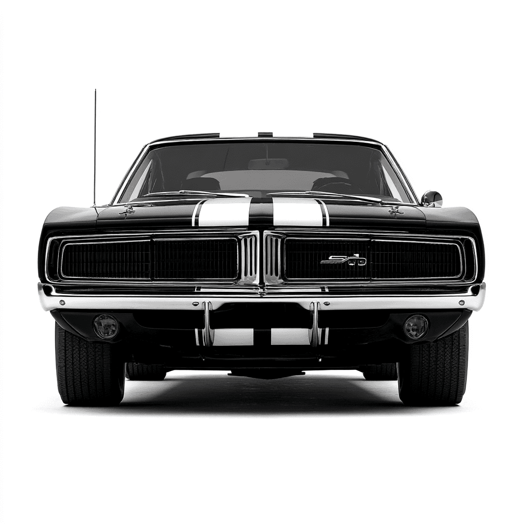 AI generated: classic 1969 Dodge Charger clipart, perfectly detailed with its aggressive front grille, black
raci...