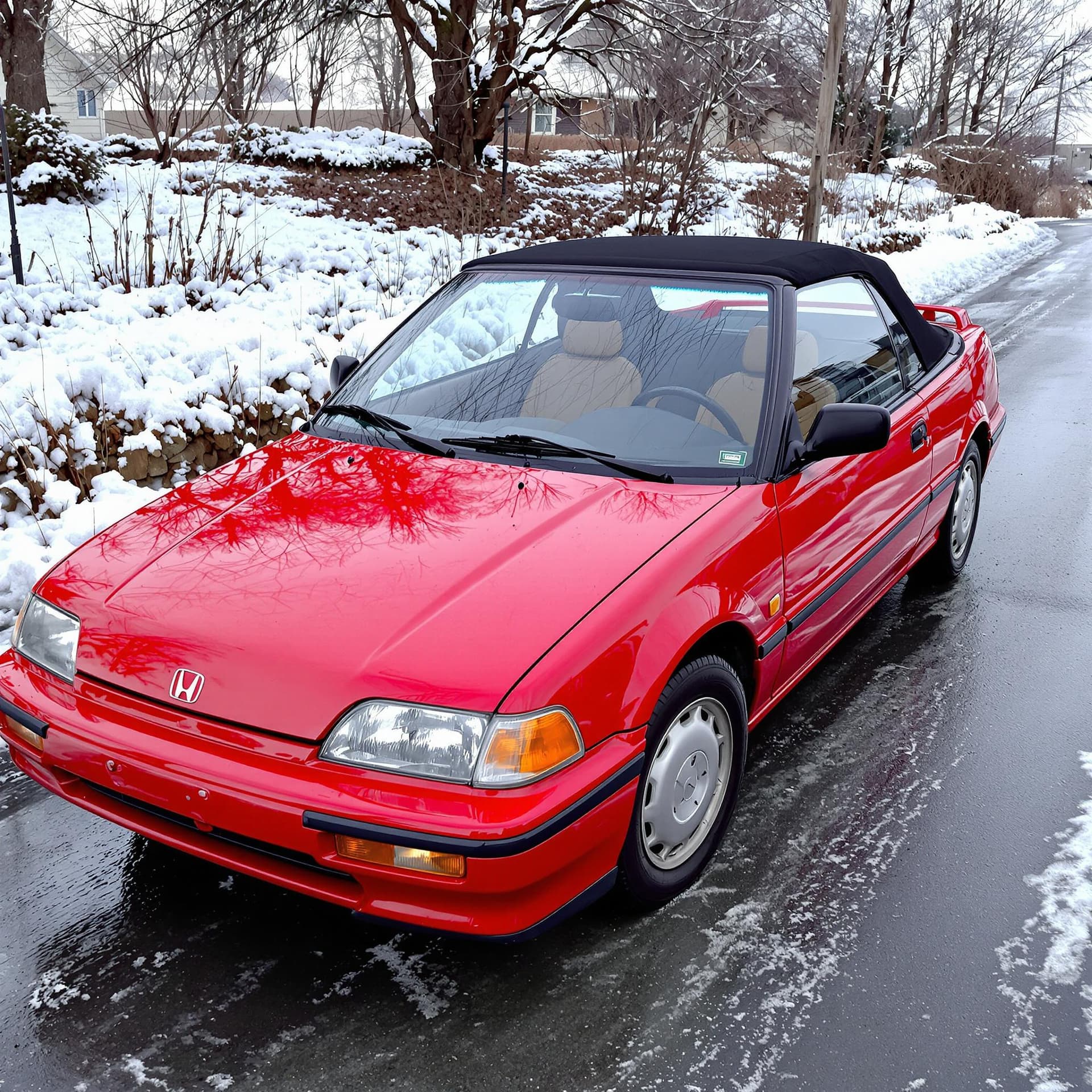 AI generated: year 1988 red honda civic convertible parked on a icy road
