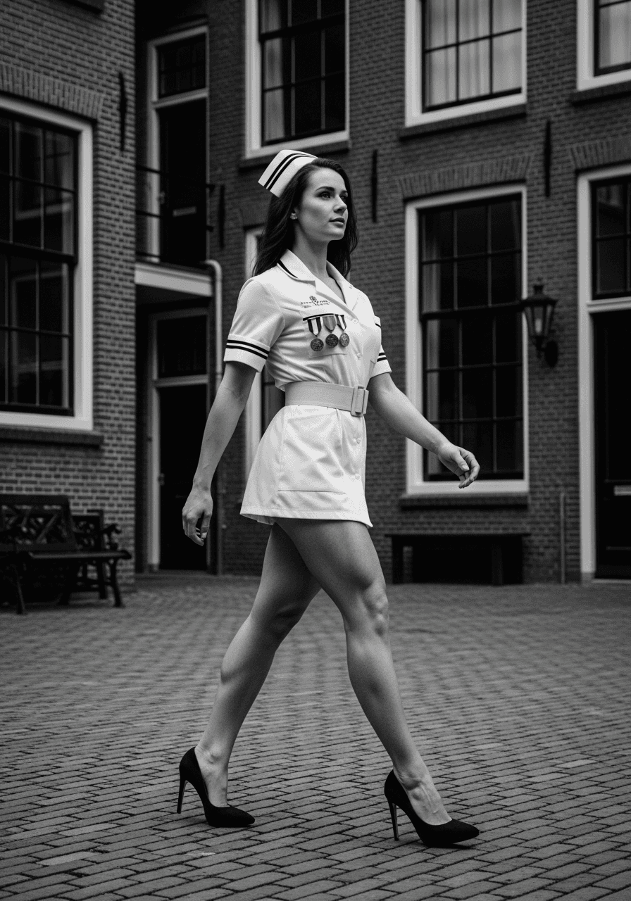 AI generated: Stunning female officer walks in 1960 on the street of Amsterdam