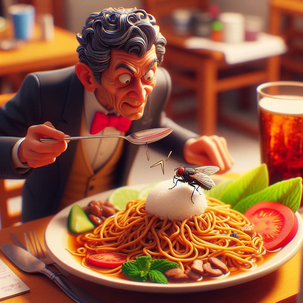 AI generated: Waiter, there is a fly in my bami goreng! Cel-shaded, perspective, depth of field, tilt-shift, lowbr...