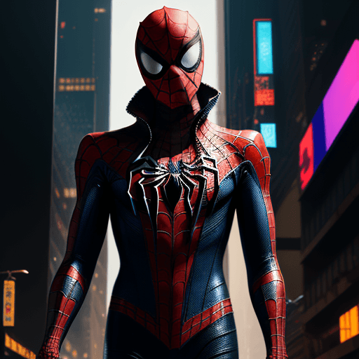 AI generated: the spiderman is out in the city at night, in the style of cyberpunk, stylish costume design, 32k uh...