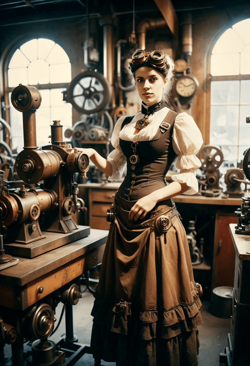 AI generated: This is a steampunk theme, candid, analog film photograph in the Victorian era of a woman wearing a ...