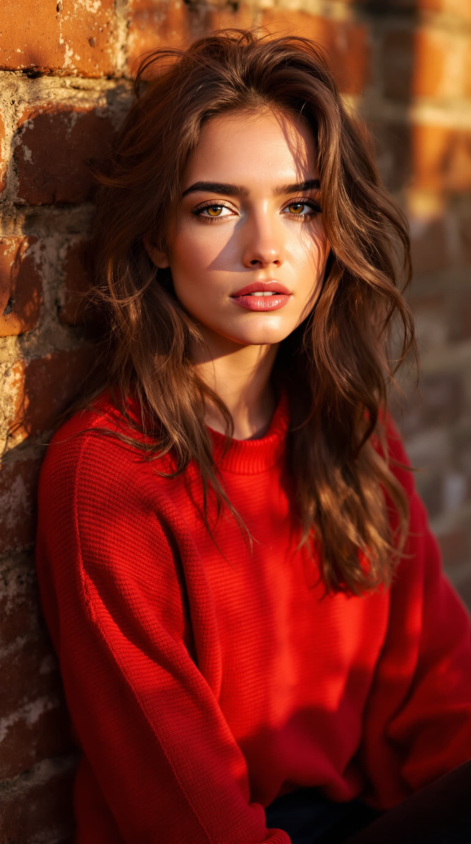 AI generated: "Image is a high resolution golden hour portrait of a model in her early 20' vibrant brunette hair, ...