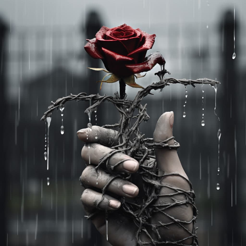AI generated: someone holding a red flower in the rain with a barbed wire around it, inspired by Igor Morski, real...