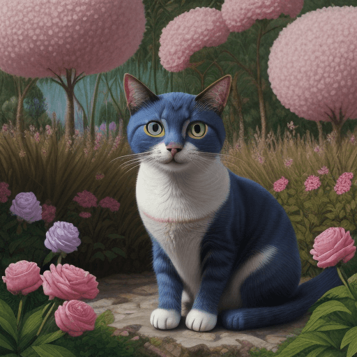 AI generated: Una pintura de un gato con ojos azules sentado en un jardín de rosas, gato detallado, Arte detallado...