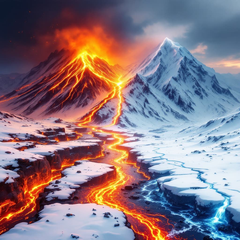 AI generated: A landscape image of two big mountains, The left one is an active volcano with a lava river flowing ...