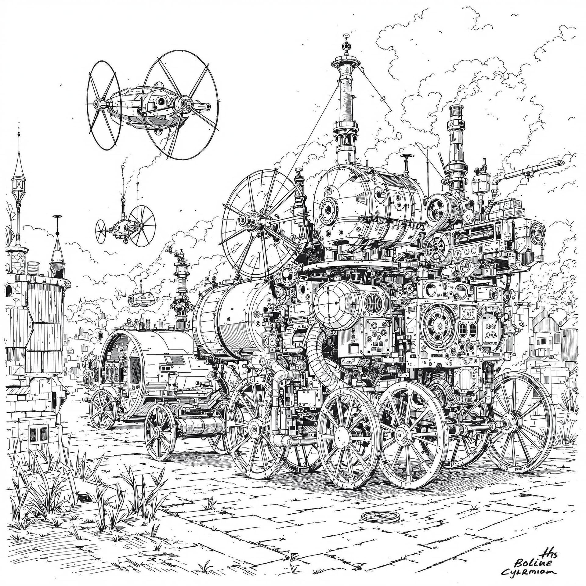 AI generated: Medieval scene, detailed pencil and ink sketch of what life may be like in the future from a 16th ce...