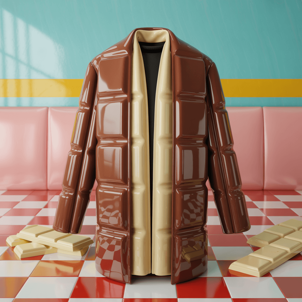 AI generated:  A coat designed entirely as a bar of bitter brown chocolate. The scarf blends seamlessly into the c...