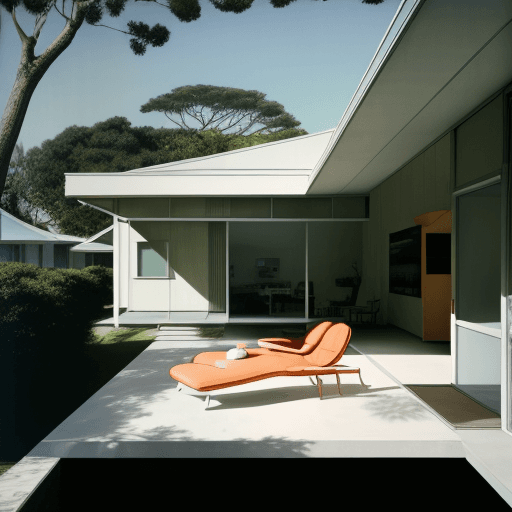 AI generated: Hyper realistic eye level exterior photo of a mid century modern style house overlooking the ocean, ...