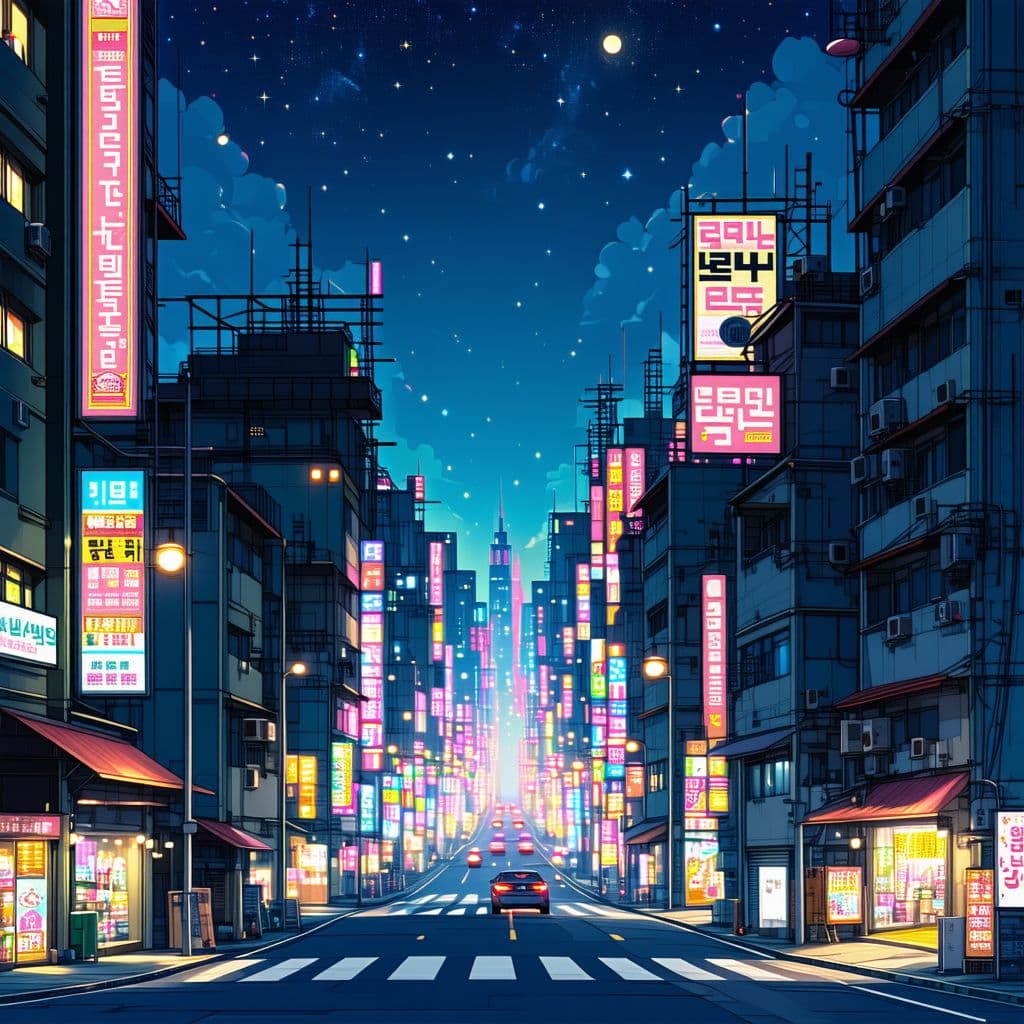 AI generated: city at night, Korean, anime style, tall buildings, low angle shot looking up, buildings at perspect...