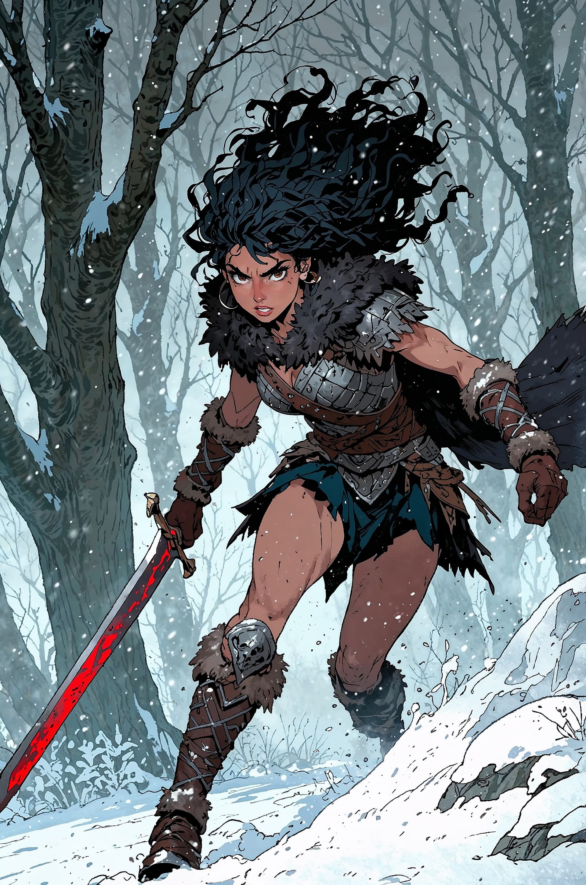 AI generated: Frozen Fray: A barbarian warrior, encased in battered black chrome armor, charges forward amidst a b...