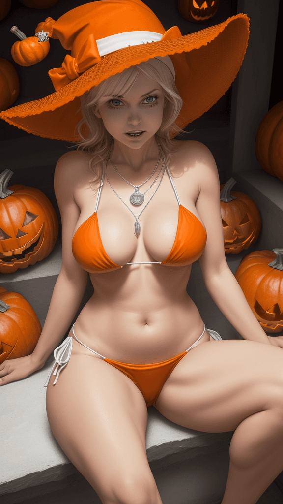 AI generated: a woman dressed in a Halloween costume, adorned with an orange hat, is seated on a white platform su...