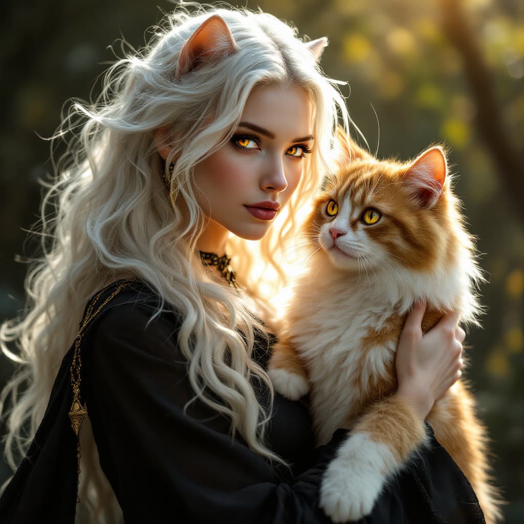 AI generated: Photographic portrait of a female white cat witch, cascading golden white  hair, honey amber eyes li...