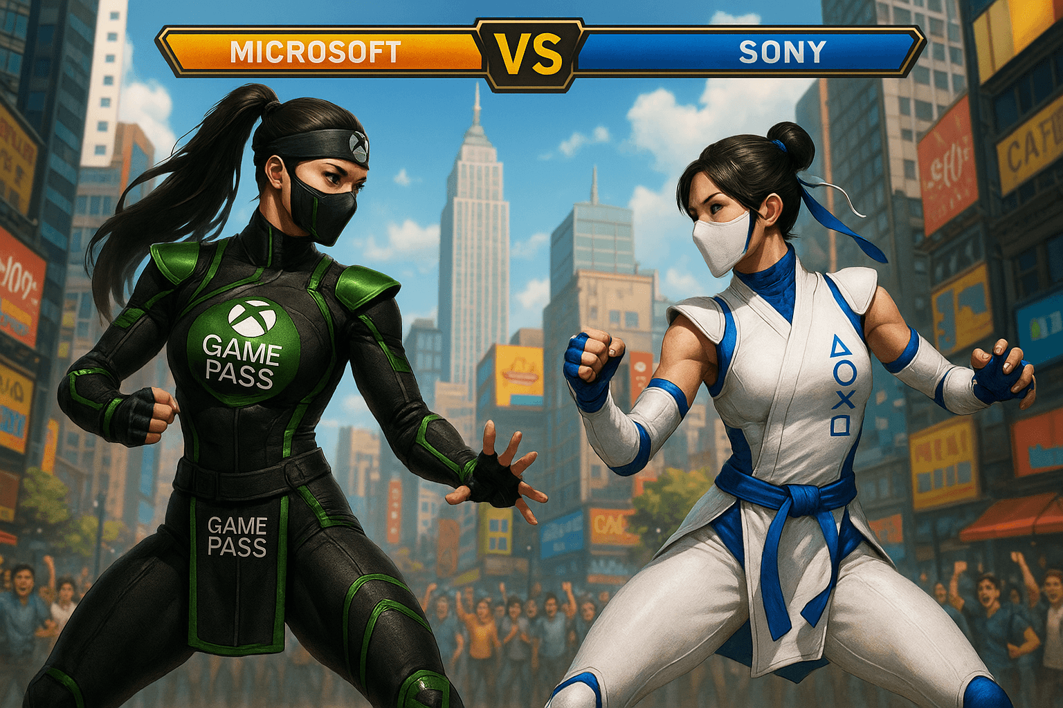 AI generated: A vibrant, cinematic fighting game scene inspired by Mortal Kombat, set in broad daylight. On the le...