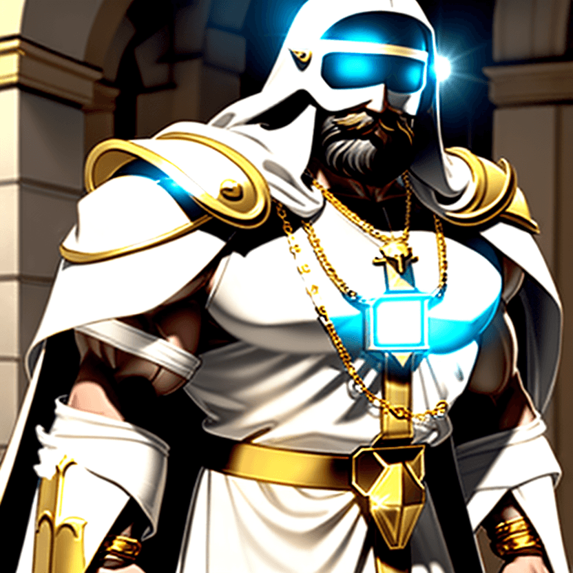 AI generated: Cinematic A muscular man with a long black beard wearing  white armor with a golden chain from the l...