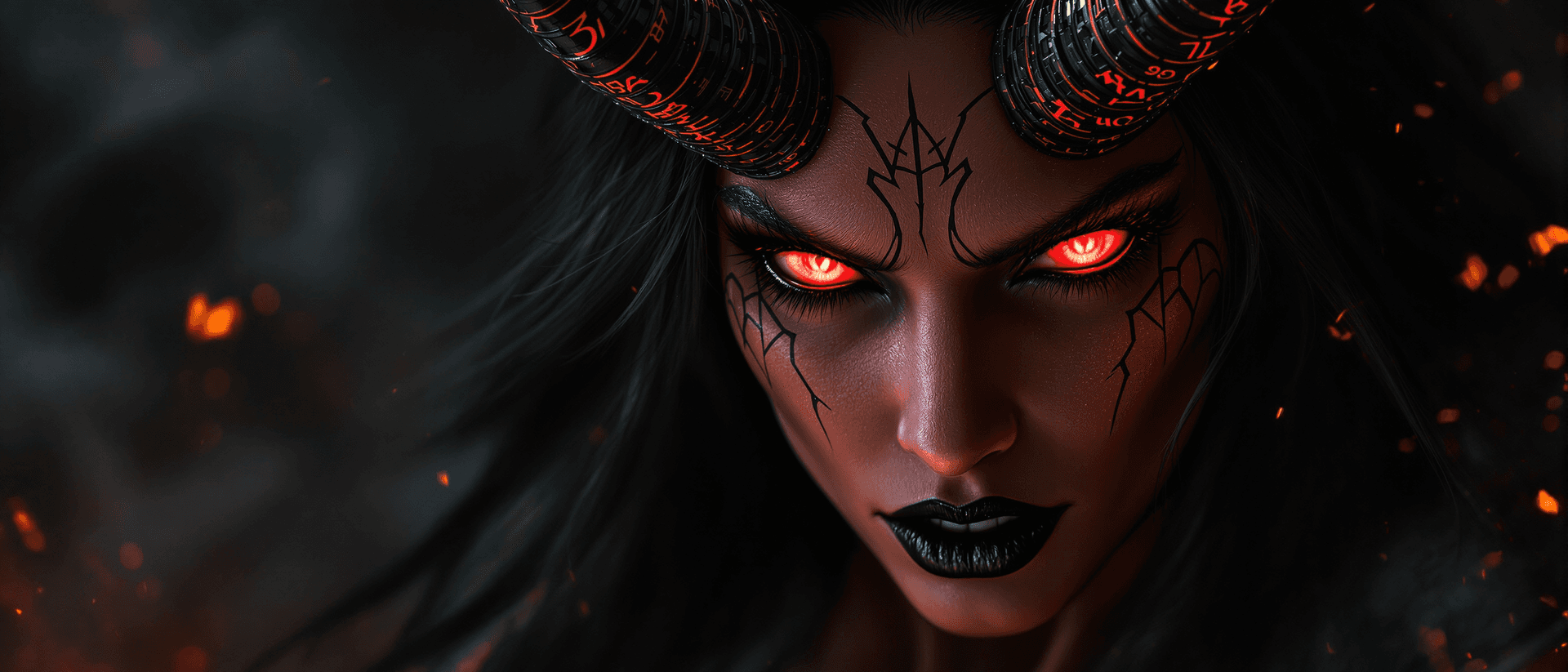 AI generated: A female red demon in a dramatic portrait. Sharp features with glowing red eyes and black lips, star...