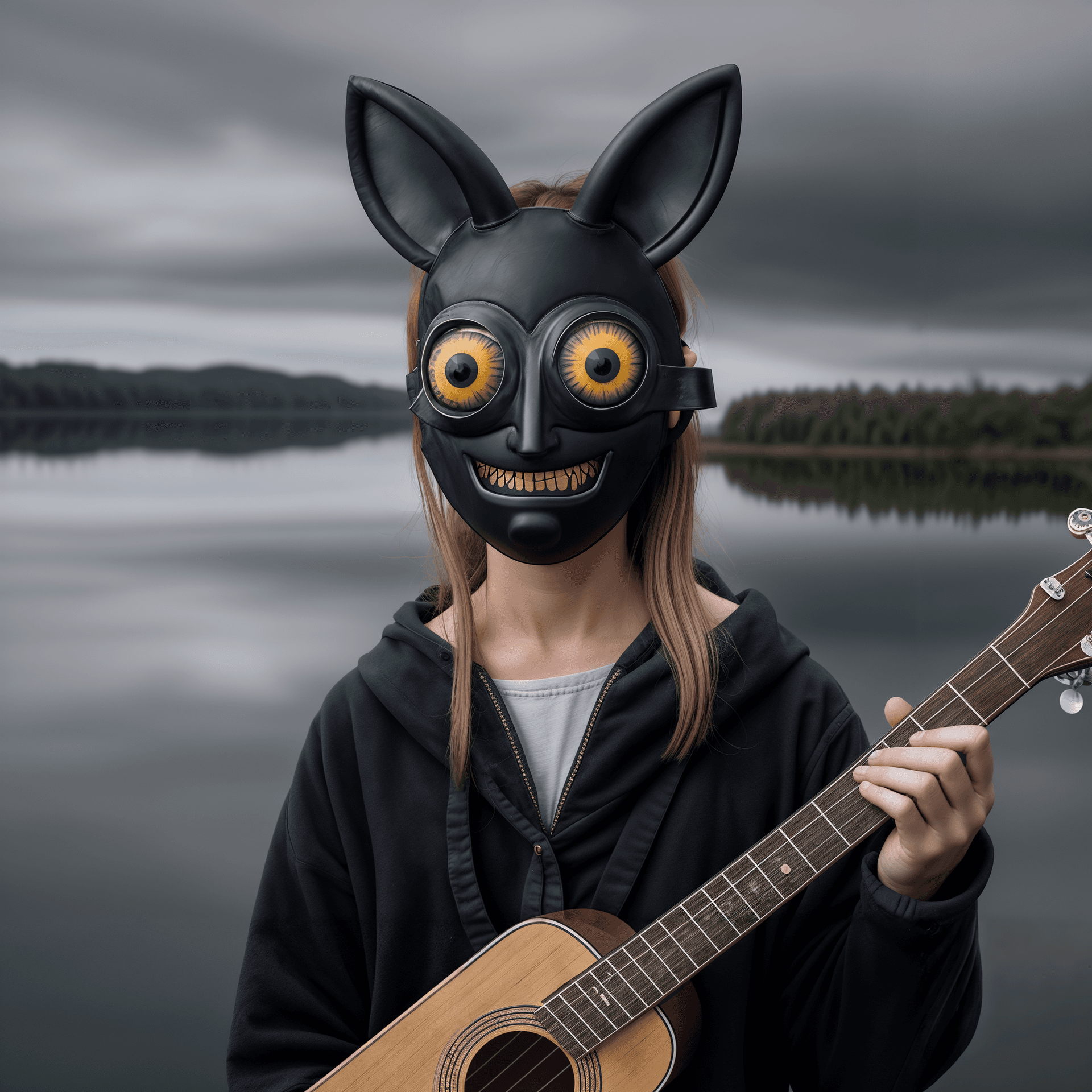 AI generated: (a guitar), A photograph of a person wearing an costume resembling a(( mask with multiple eyes)). [[...