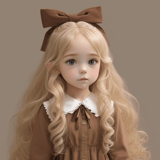 AI generated: a long blond curly hair little girl ,clothed in coffee color cloth ,and have a bow on her head