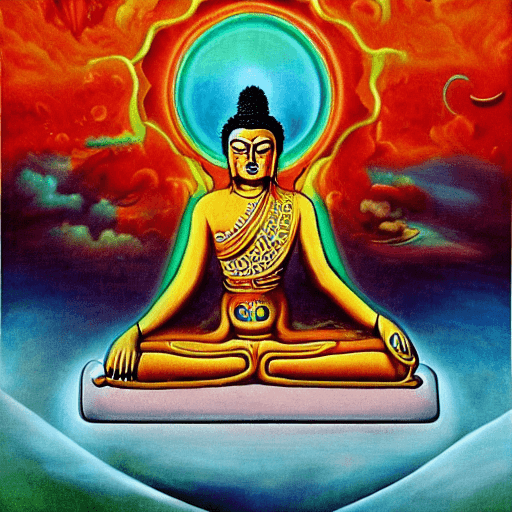 AI generated: occult diagramm, buddha on LSD-trip to heaven. in cosmos. speeding to moon. surrealistic. dali style...