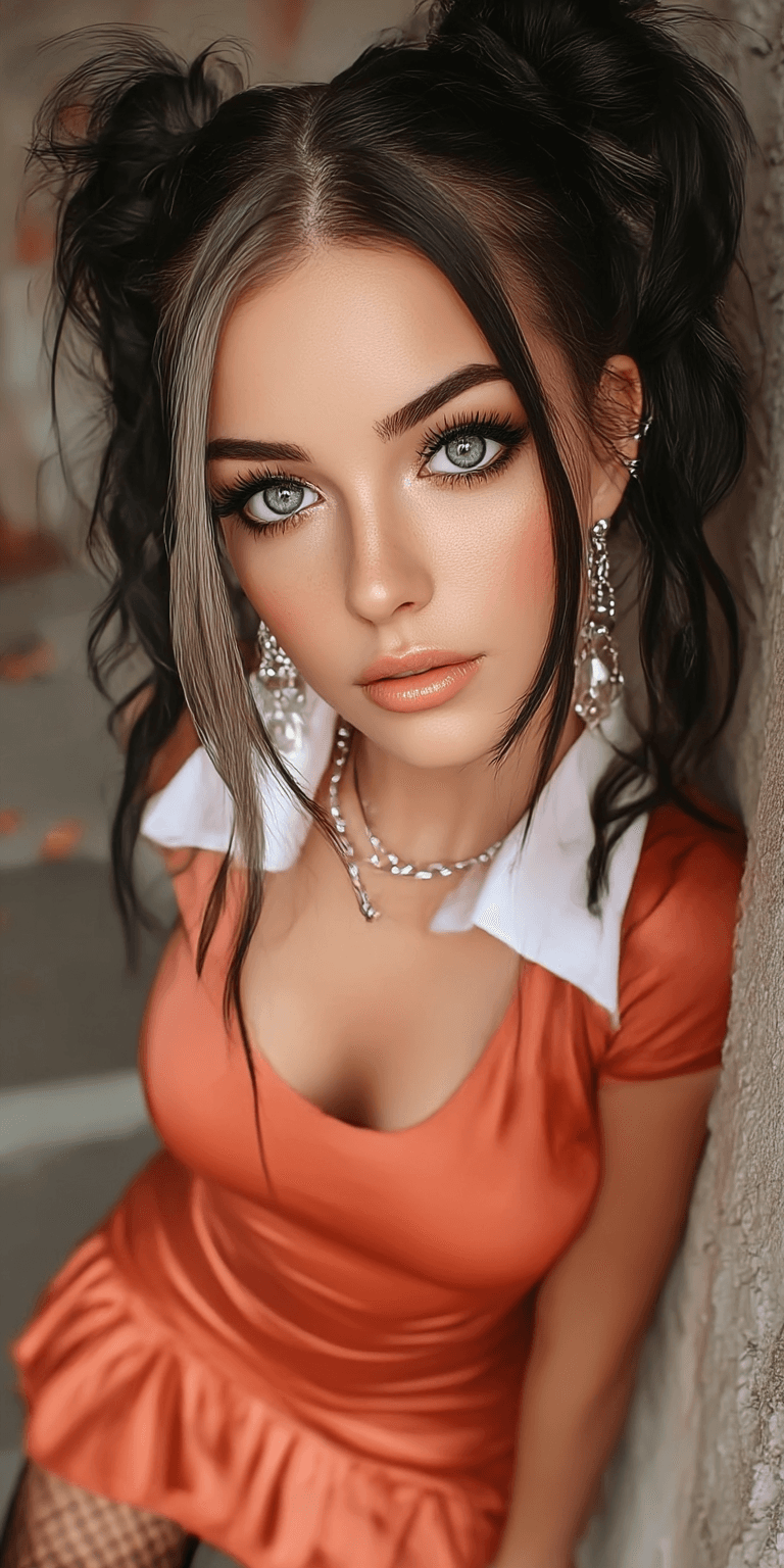 AI generated: A young Caucasian woman, 20 years old, gazes directly at the viewer with striking, light blue eyes, ...